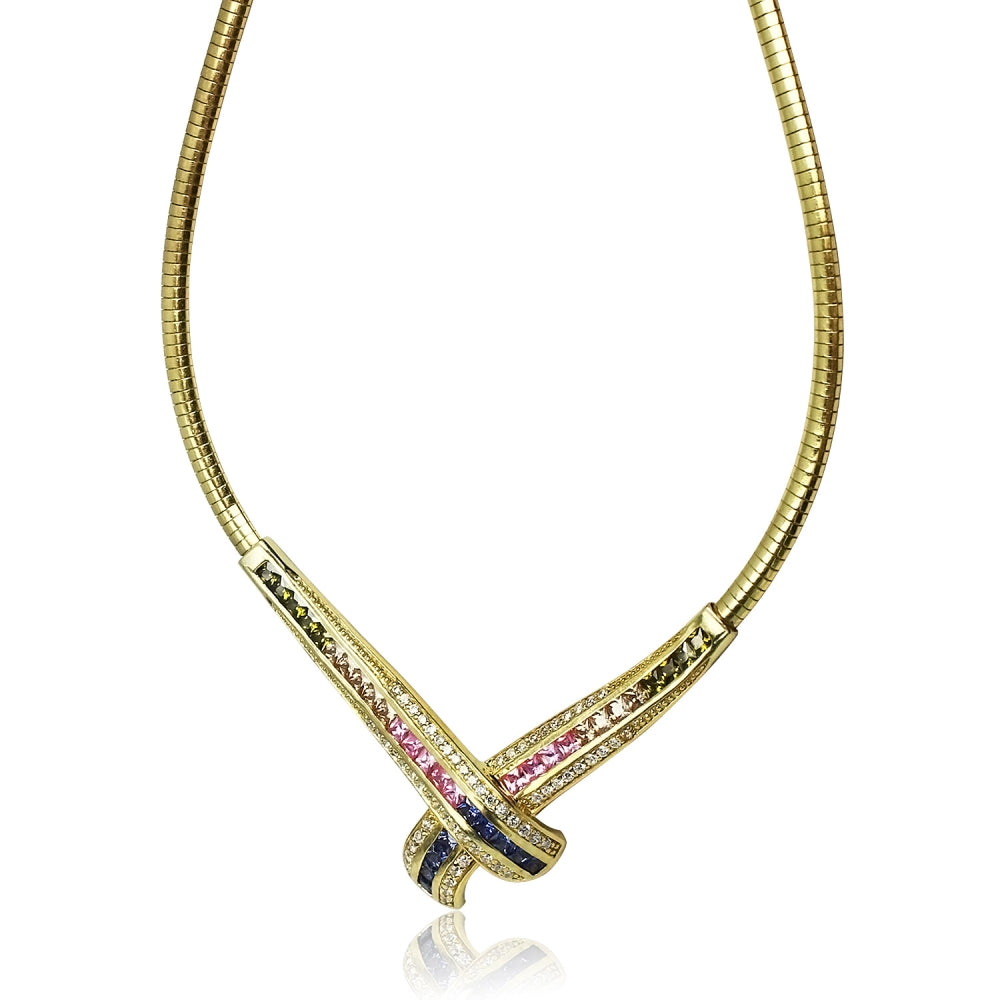 Yellow Gold Flashed Sterling Silver Muilti-Color Cubic Zirconia Evening Statement Necklace-2
