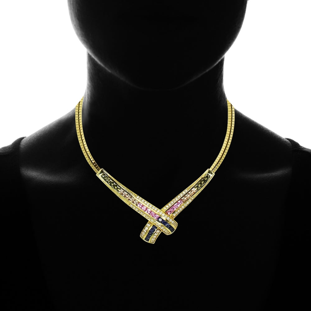 Yellow Gold Flashed Sterling Silver Muilti-Color Cubic Zirconia Evening Statement Necklace-3