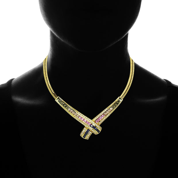 Yellow Gold Flashed Sterling Silver Muilti-Color Cubic Zirconia Evening Statement Necklace