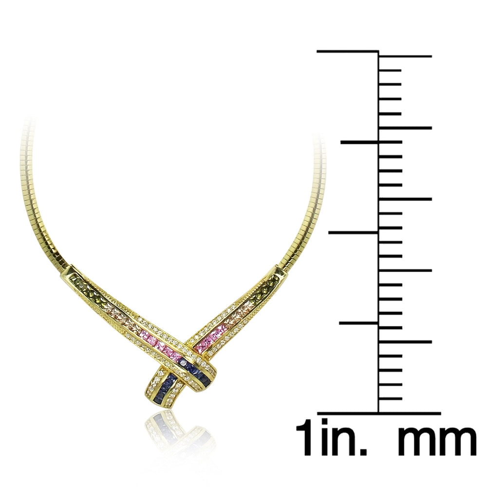 Yellow Gold Flashed Sterling Silver Muilti-Color Cubic Zirconia Evening Statement Necklace-4