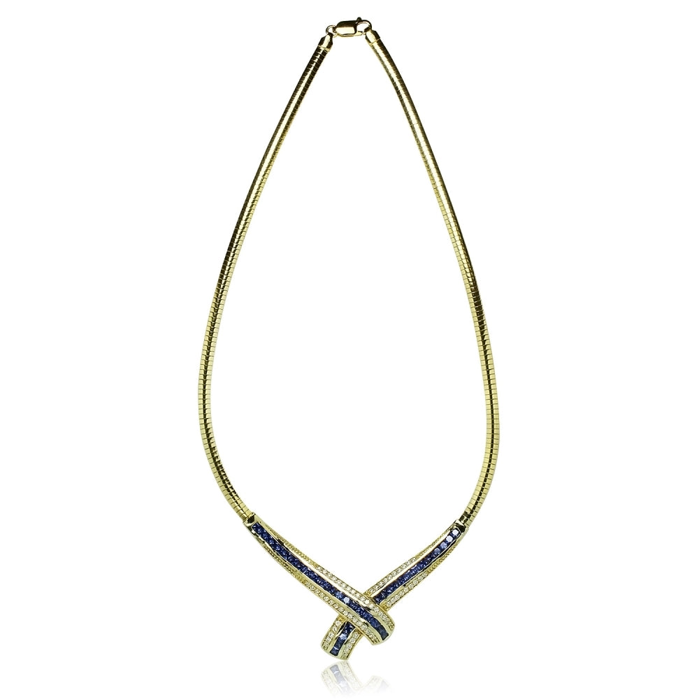 Yellow Gold Flashed Sterling Silver Blue Cubic Zirconia Evening Statement Necklace