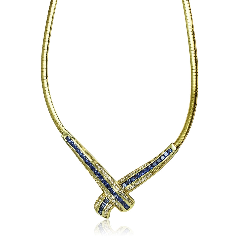 Yellow Gold Flashed Sterling Silver Blue Cubic Zirconia Evening Statement Necklace-2
