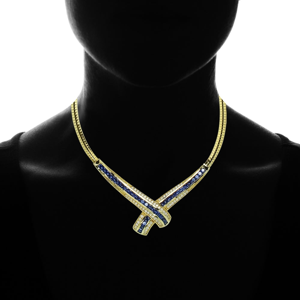 Yellow Gold Flashed Sterling Silver Blue Cubic Zirconia Evening Statement Necklace-3