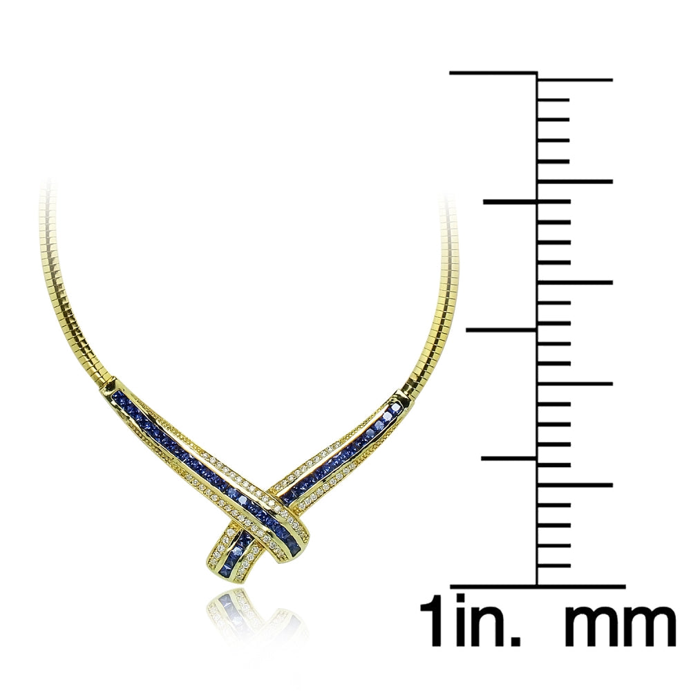 Yellow Gold Flashed Sterling Silver Blue Cubic Zirconia Evening Statement Necklace-4