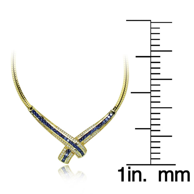 Yellow Gold Flashed Sterling Silver Blue Cubic Zirconia Evening Statement Necklace