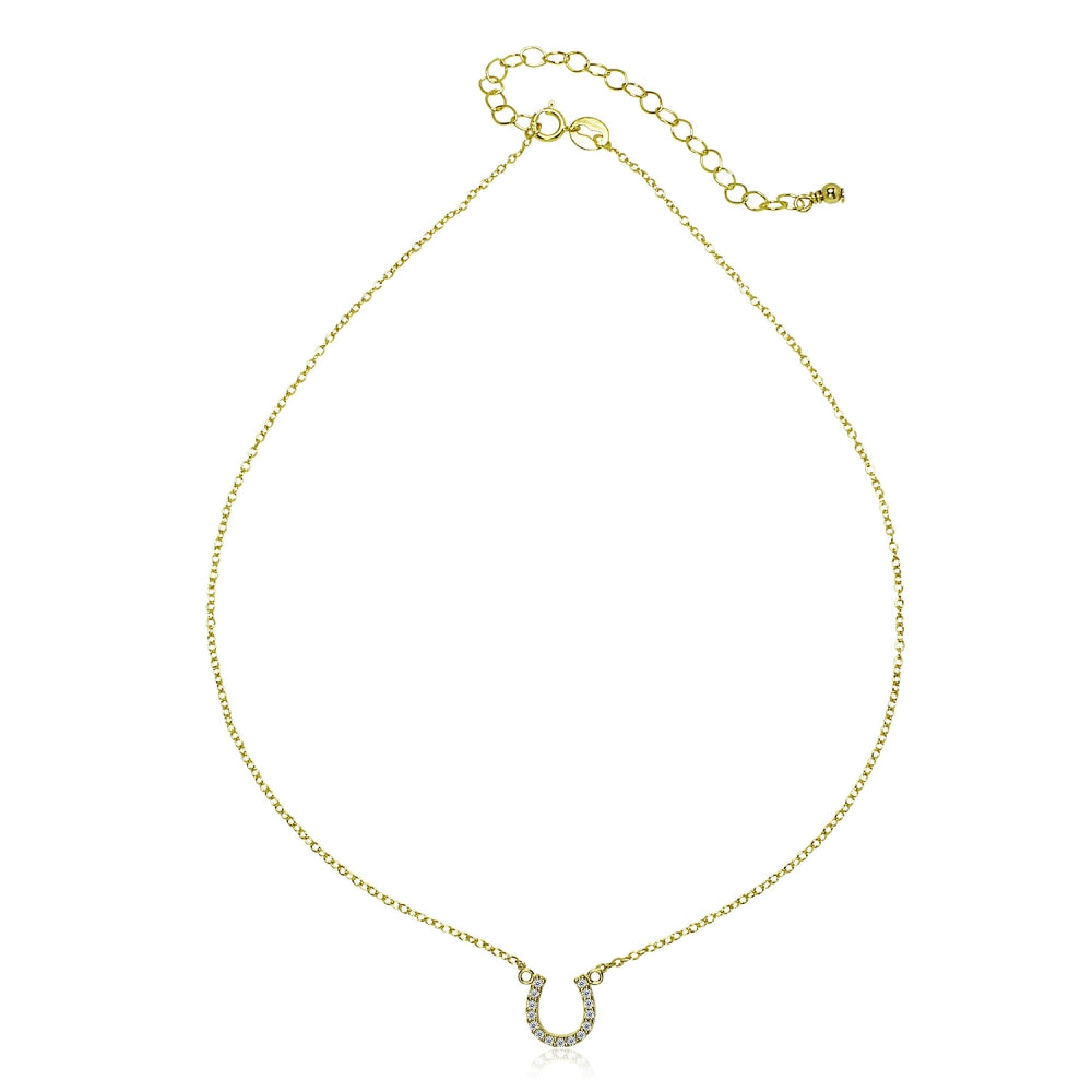 Gold Flashed Sterling Silver Cubic Zirconia Horseshoe Lucky Charm Dainty Choker Necklace-2