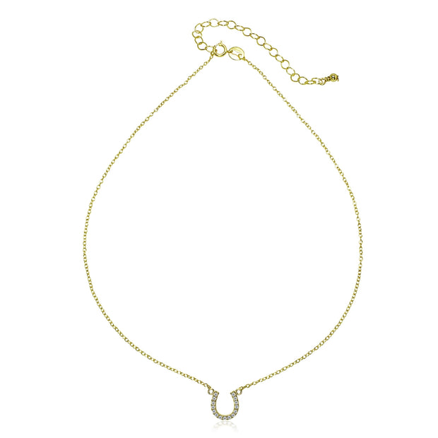 Gold Flashed Sterling Silver Cubic Zirconia Horseshoe Lucky Charm Dainty Choker Necklace
