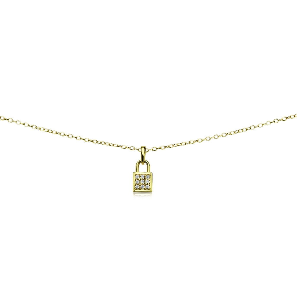 Yellow Gold Flashed Sterling Silver Cubic Zirconia Love Lock Dainty Choker Necklace