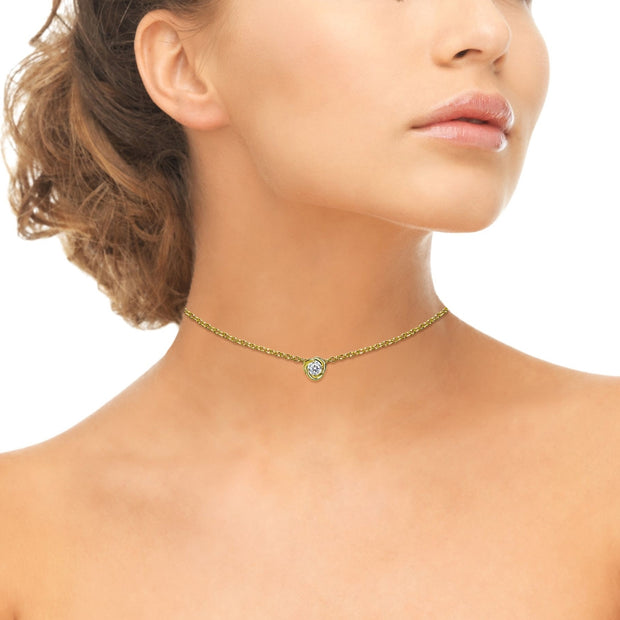 Yellow Gold Flashed Sterling Silver Cubic Zirconia Rose Dainty Choker Necklace