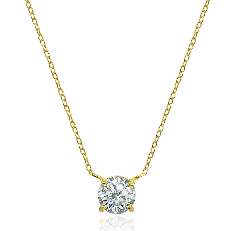 Yellow Gold Flashed Sterling Silver Cubic Zirconia 6mm Round Dainty Solitaire Necklace