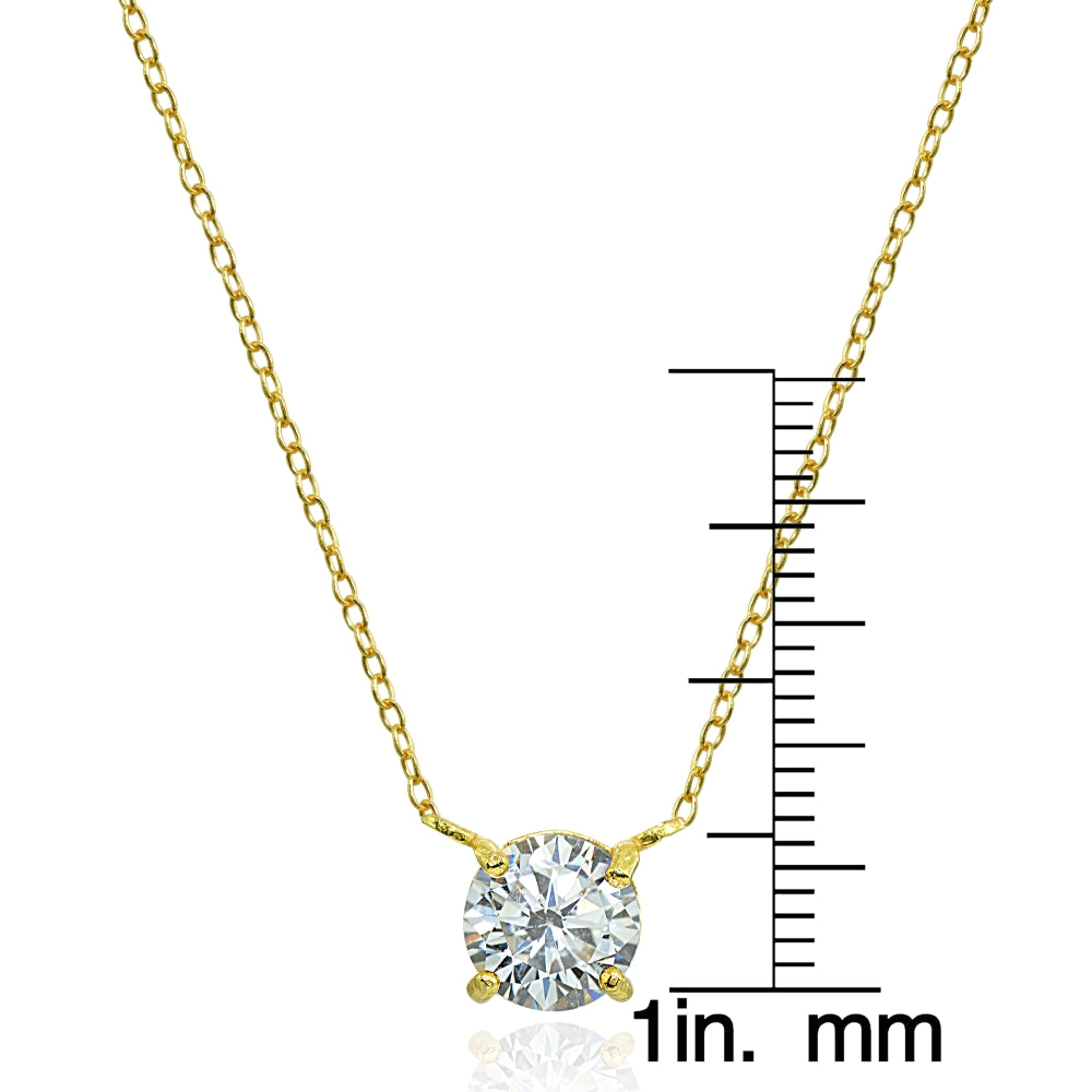 Yellow Gold Flashed Sterling Silver Cubic Zirconia 6mm Round Dainty Solitaire Necklace-3