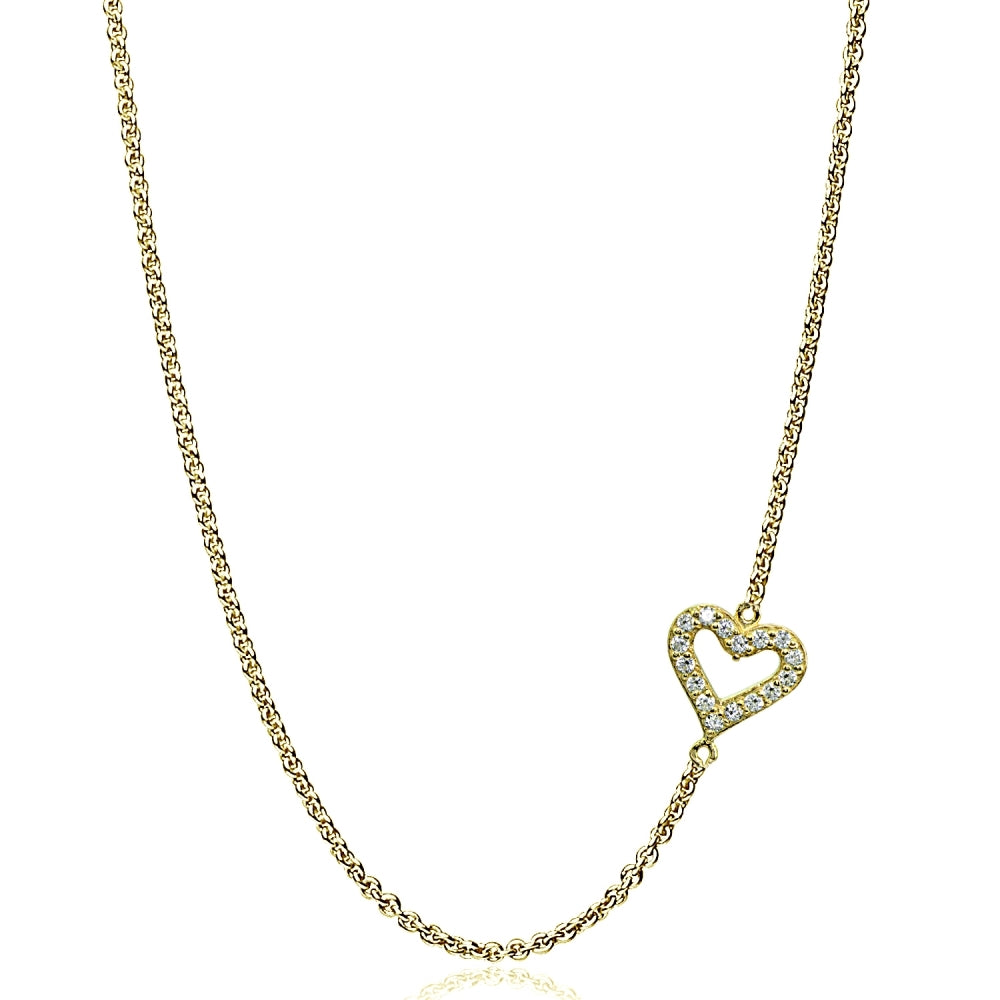 Yellow Gold Flashed Sterling Silver Cubic Zirconia Dainty Heart Sideways Chain Necklace, 16" + Extender