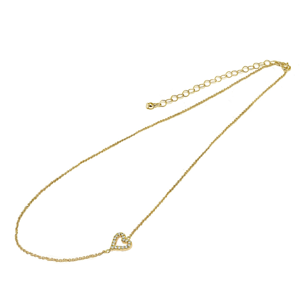 Yellow Gold Flashed Sterling Silver Cubic Zirconia Dainty Heart Sideways Chain Necklace, 16" + Extender-2