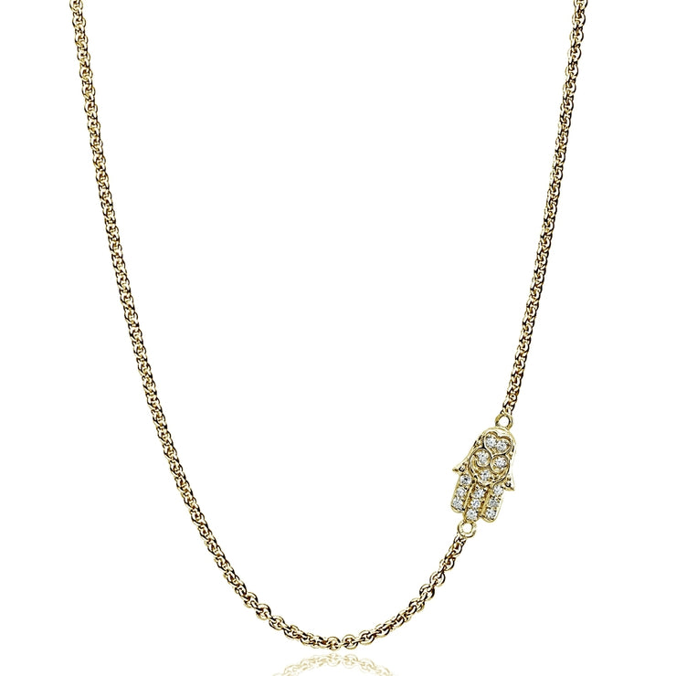 Yellow Gold Flashed Sterling Silver Cubic Zirconia Hamsa Hand Sideways Chain Necklace, 16" + Extender