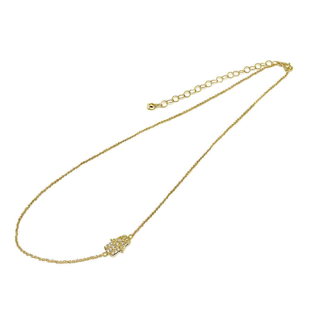 Yellow Gold Flashed Sterling Silver Cubic Zirconia Hamsa Hand Sideways Chain Necklace, 16" + Extender-2
