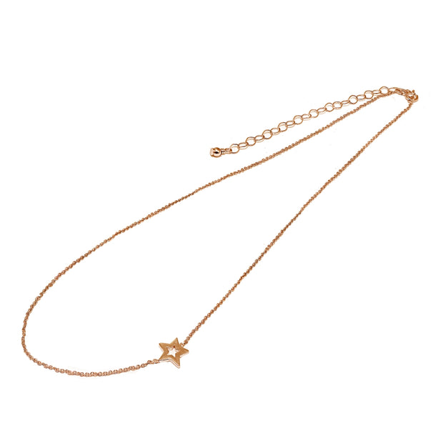Yellow Gold Flashed Sterling Silver Polished Open Star Sideways Chain Necklace, 16" + Extender
