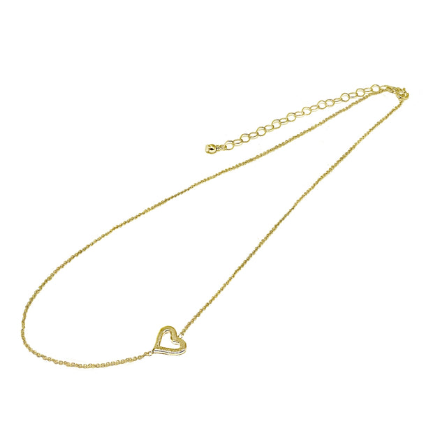 Yellow Gold Flashed Sterling Silver Polished Open Heart Sideways Chain Necklace, 16" + Extender