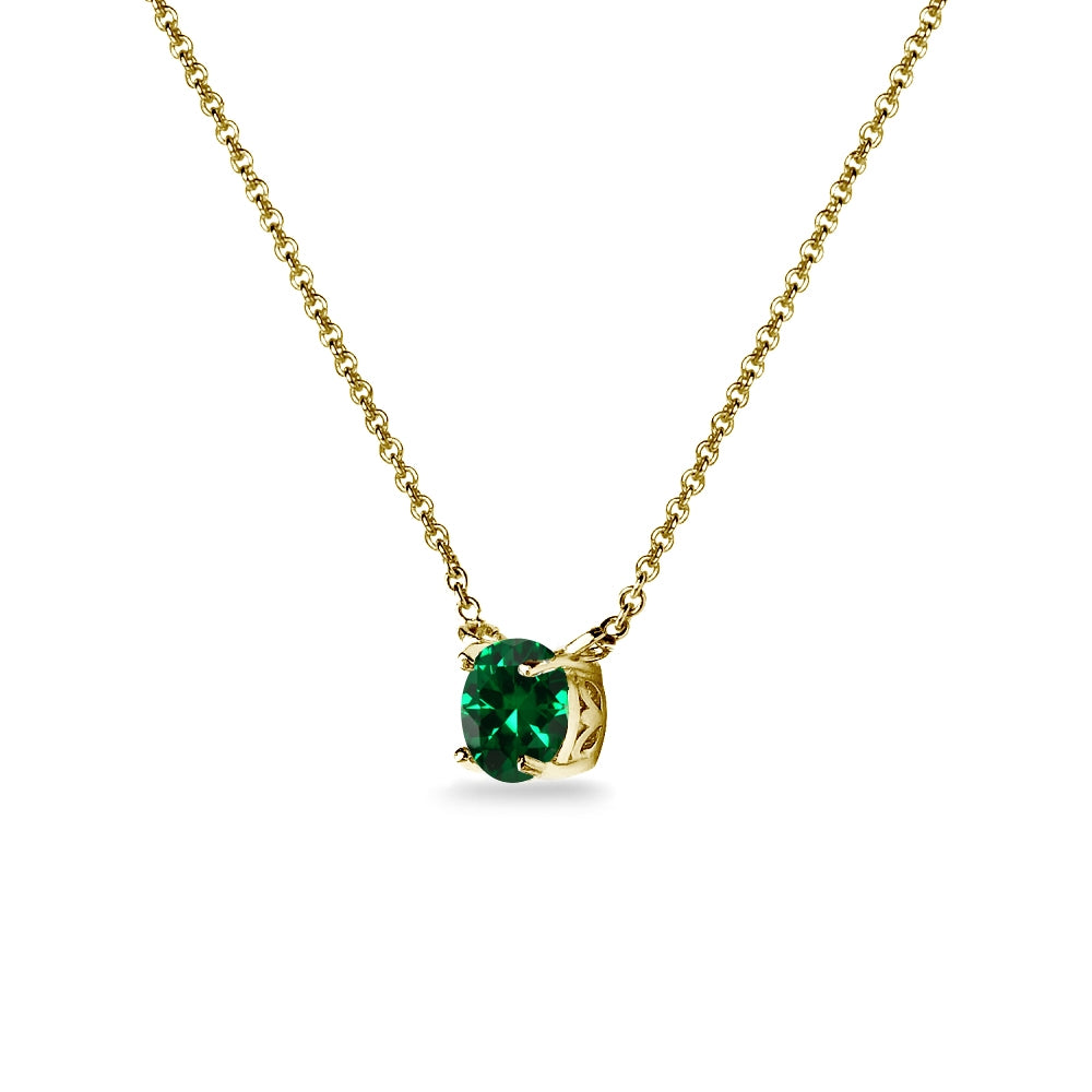 Yellow Gold Flashed Sterling Silver Simulated Emerald 7mm Round Dainty Choker Necklace-2