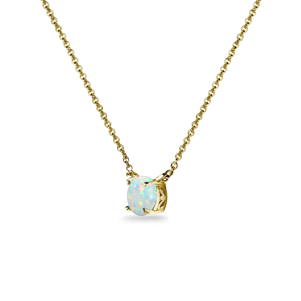Yellow Gold Flashed Sterling Silver Created White Opal 7mm Round Dainty Choker Necklace-2