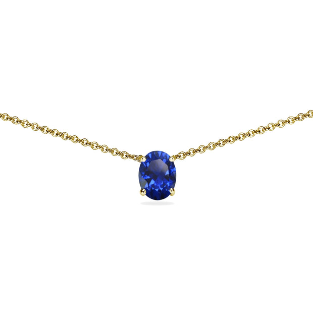 Yellow Gold Flashed Sterling Silver Created Blue Sapphire 7x5mm Oval Dainty Choker Necklace