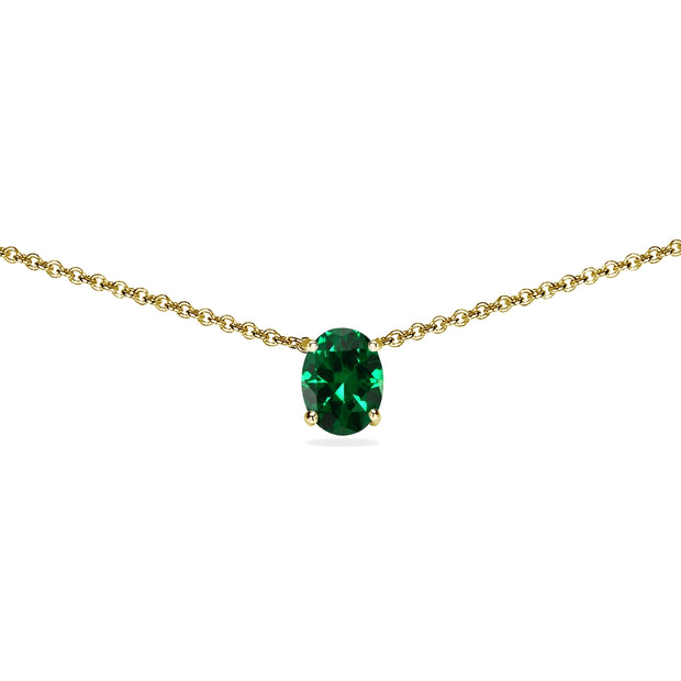 Yellow Gold Flashed Sterling Silver Simulated Emerald 7x5mm Oval Dainty Choker Necklace