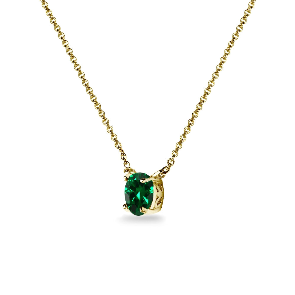Yellow Gold Flashed Sterling Silver Simulated Emerald 7x5mm Oval Dainty Choker Necklace-2