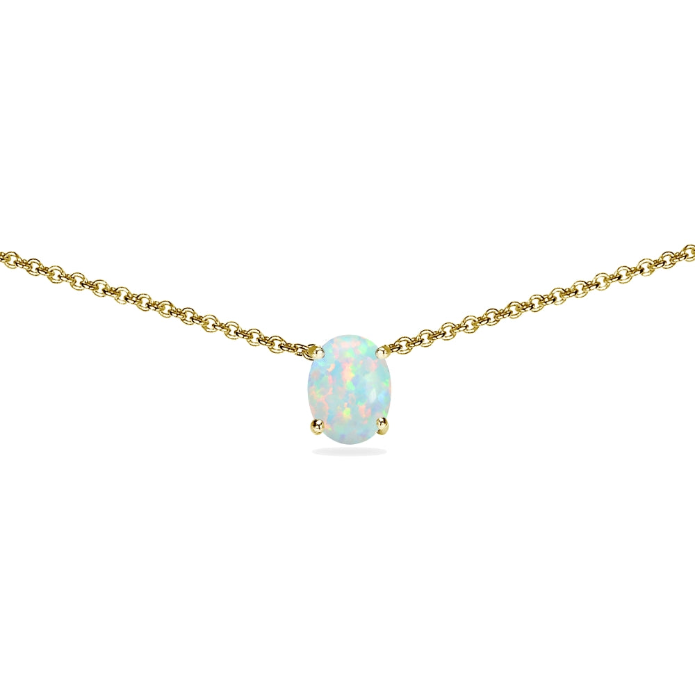 Yellow Gold Flashed Sterling Silver Created White Opal 7x5mm Oval Dainty Choker Necklace