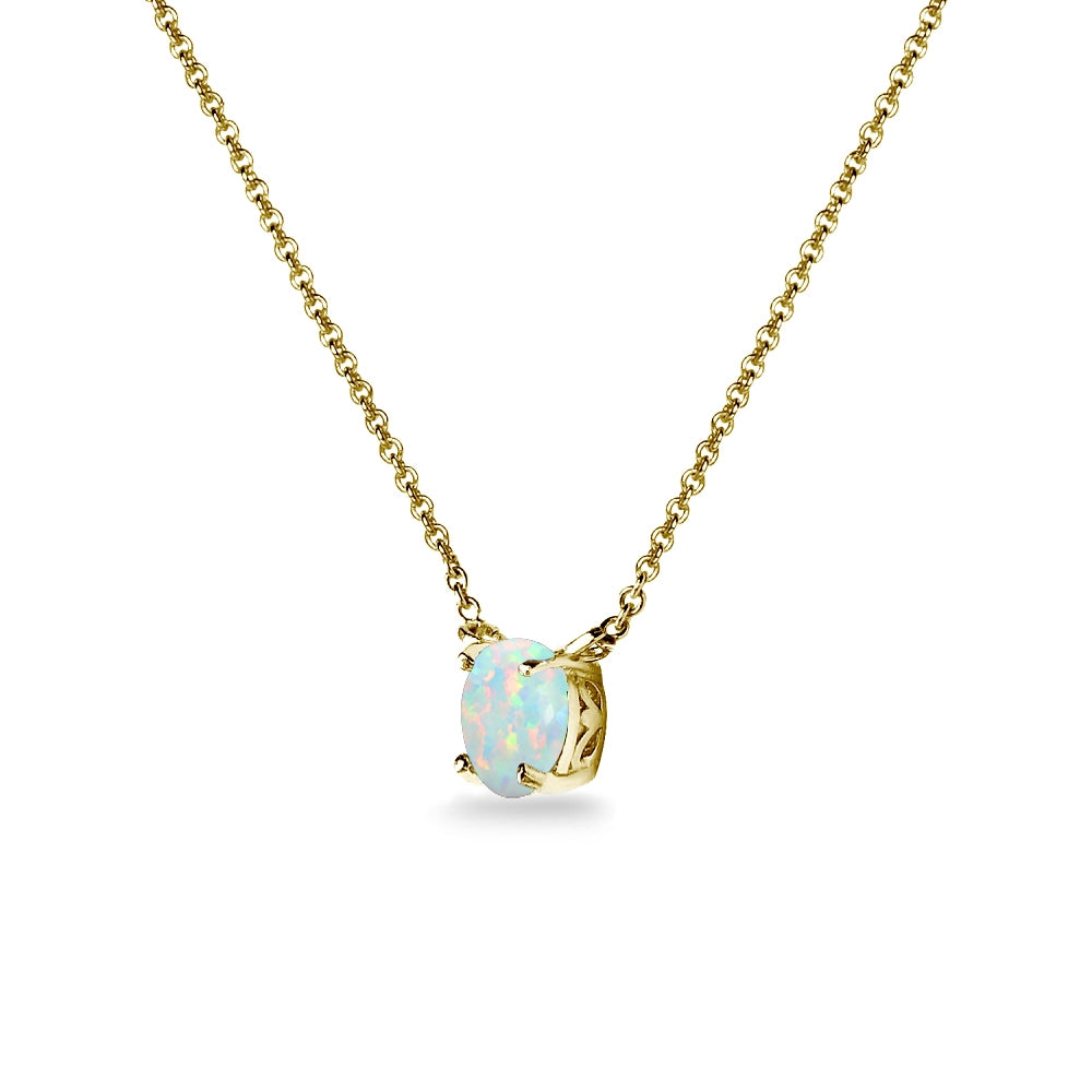Yellow Gold Flashed Sterling Silver Created White Opal 7x5mm Oval Dainty Choker Necklace-2