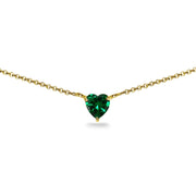 Yellow Gold Flashed Sterling Silver Simulated Emerald 7x7mm Heart Dainty Choker Necklace