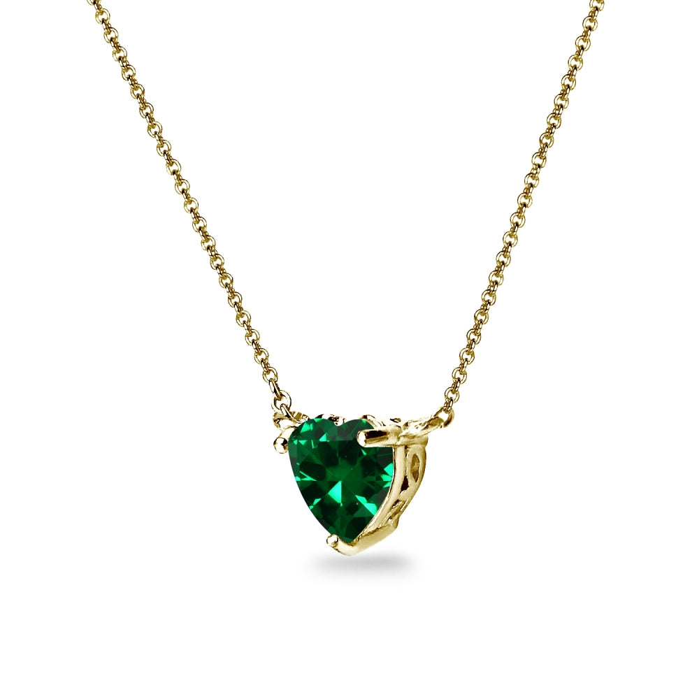 Yellow Gold Flashed Sterling Silver Simulated Emerald 7x7mm Heart Dainty Choker Necklace-2