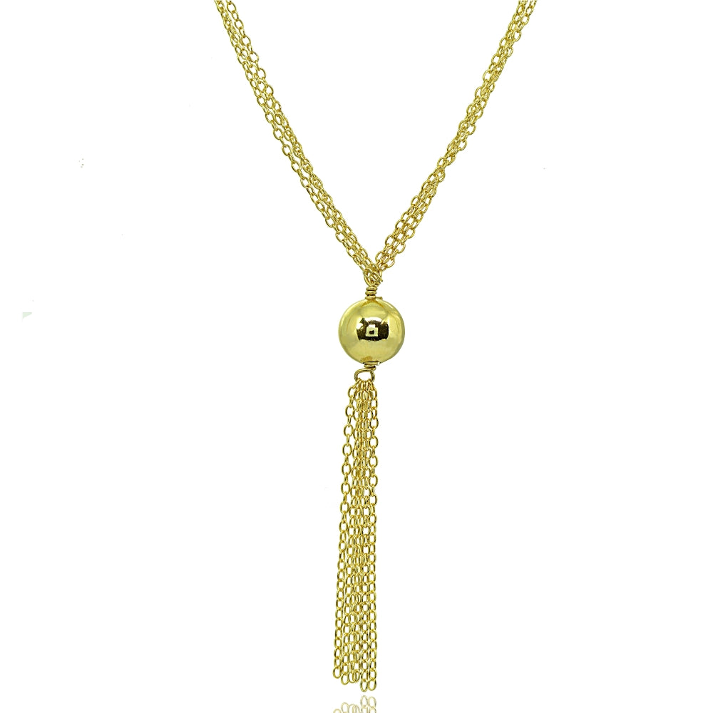 Yellow Gold Flashed Sterling Silver Polished Bead Layered Chain Lariat Y-Necklace