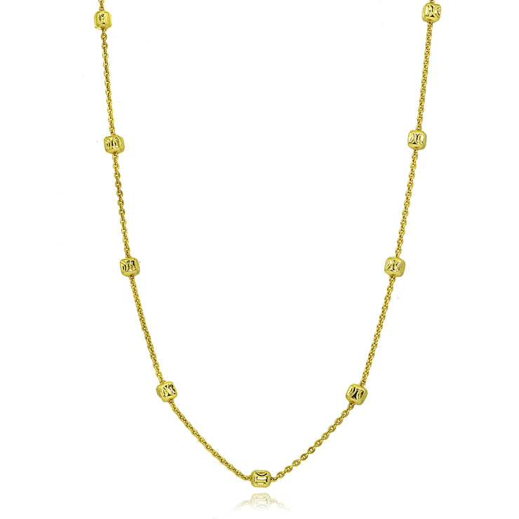 Yellow Gold Flashed Sterling Silver Italian Polished Square Cube Bead Station Cable Chain Necklace, 18 Inch