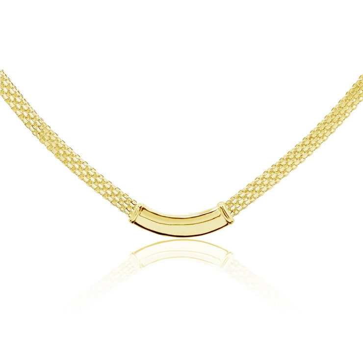 Yellow Gold Flashed Sterling Silver Polished Curved Bar Tube Clavicle Mesh Chain Necklace