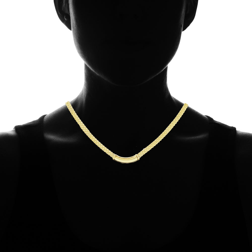 Yellow Gold Flashed Sterling Silver Polished Curved Bar Tube Clavicle Mesh Chain Necklace-3