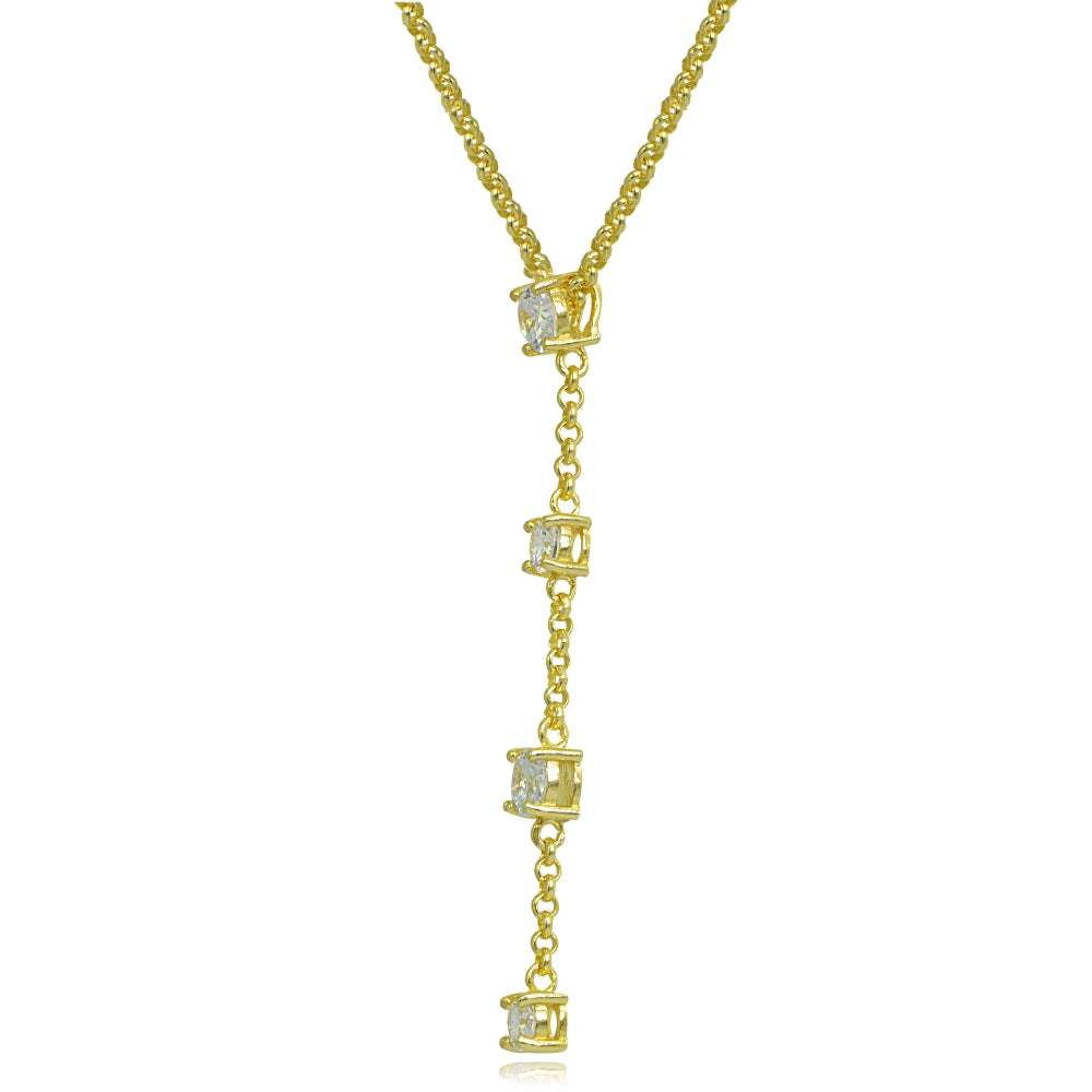 Yellow Gold Flashed Sterling Silver Cubic Zirconia Round Long Dainty Drop Chain Y-Necklace-2