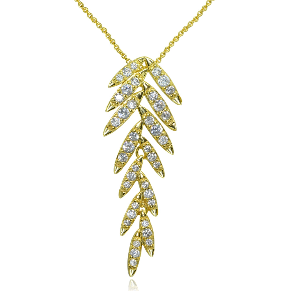 Yellow Gold Flashed Sterling Silver Cubic Zirconia Round Polished Leaf Slide Pendant Necklace