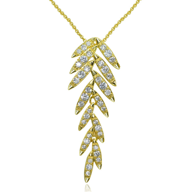 Yellow Gold Flashed Sterling Silver Cubic Zirconia Round Polished Leaf Slide Pendant Necklace