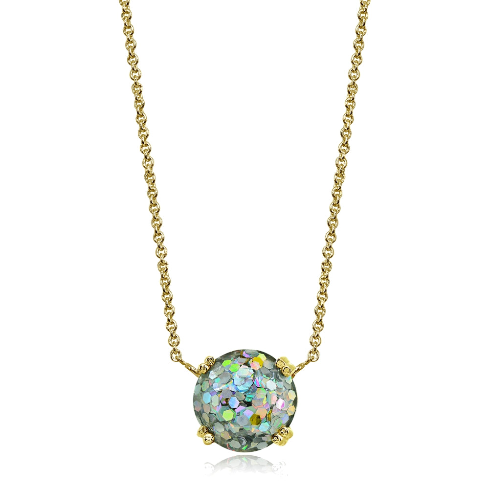 Yellow Gold Flashed Sterling Silver White Glitter 10mm Round Dainty Necklace