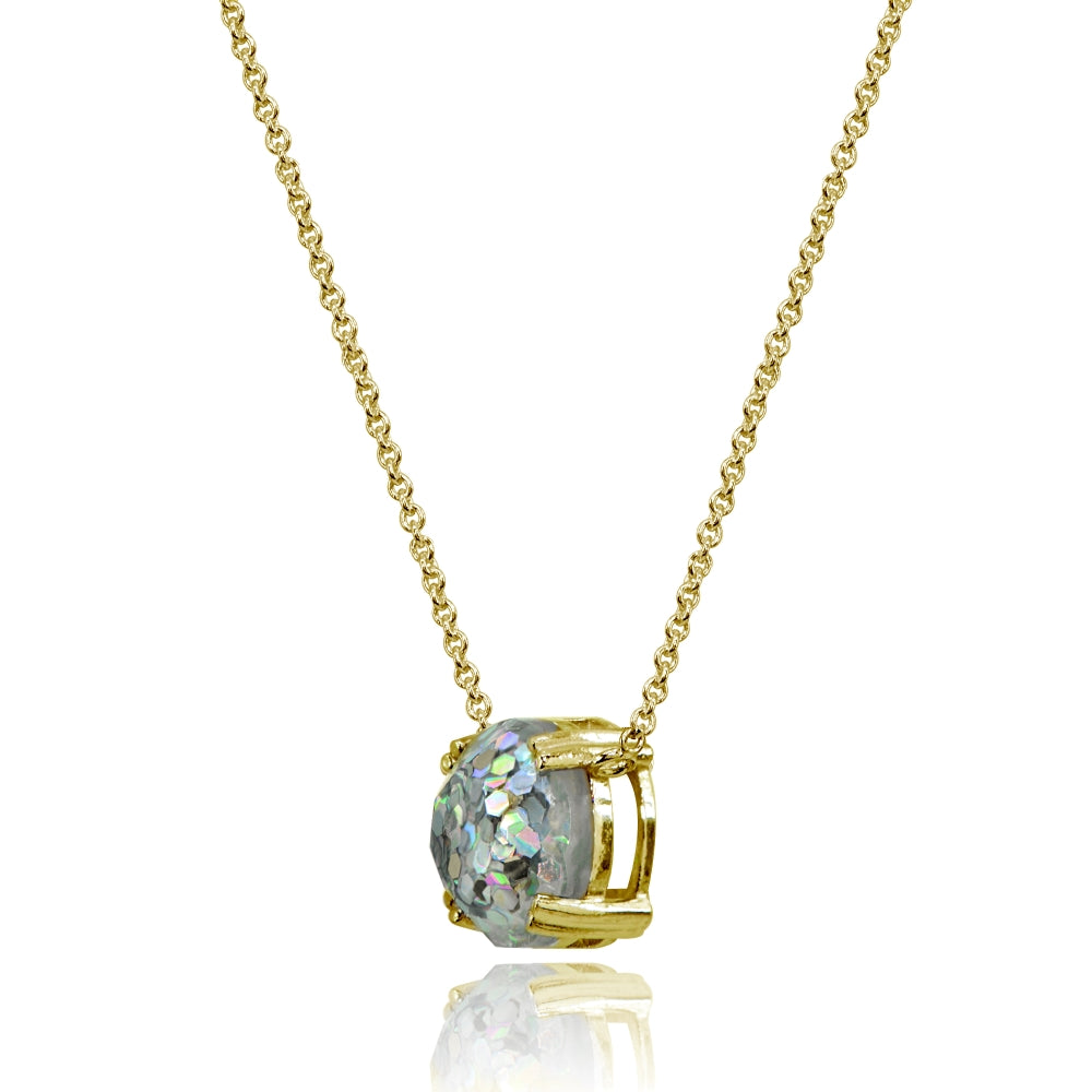 Yellow Gold Flashed Sterling Silver White Glitter 10mm Round Dainty Necklace-2