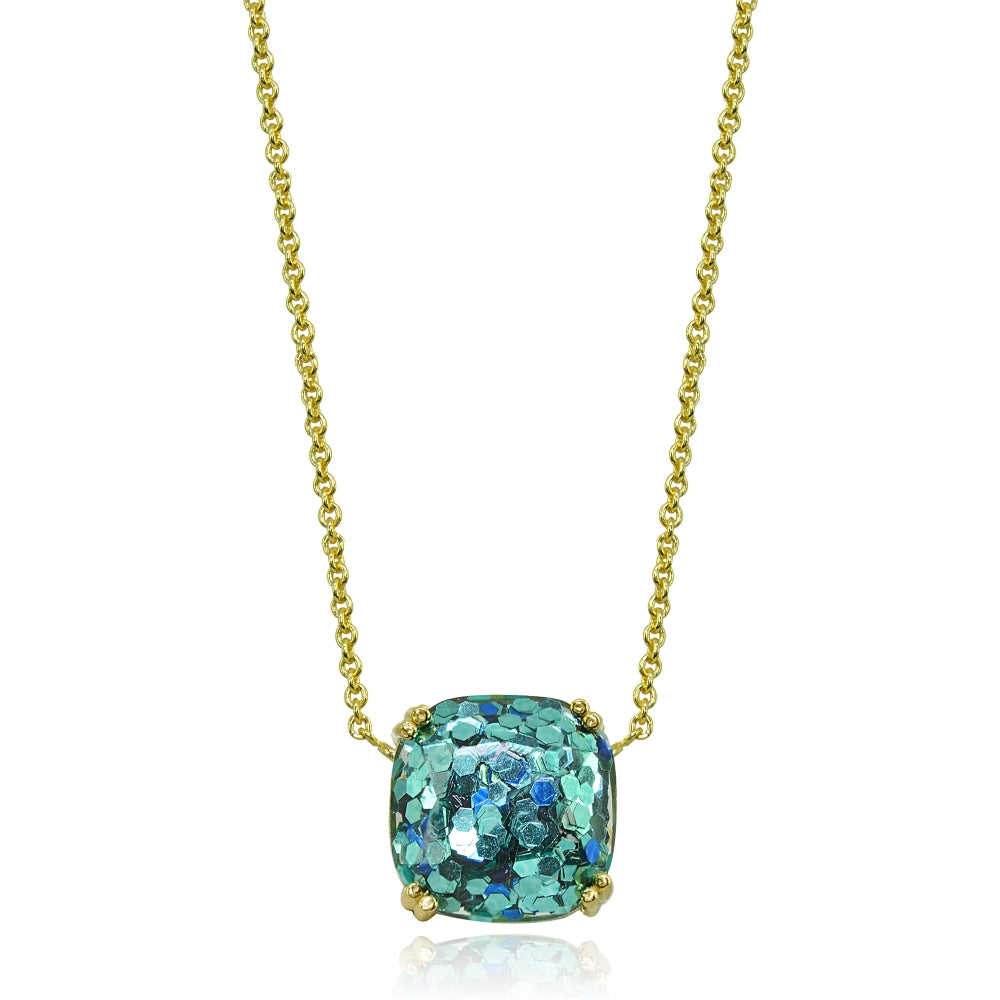 Yellow Gold Flashed Sterling Silver Blue Glitter 10mm Cushion-Cut Dainty Necklace