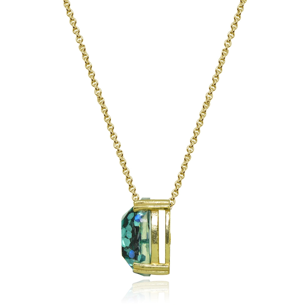 Yellow Gold Flashed Sterling Silver Blue Glitter 10mm Cushion-Cut Dainty Necklace-2
