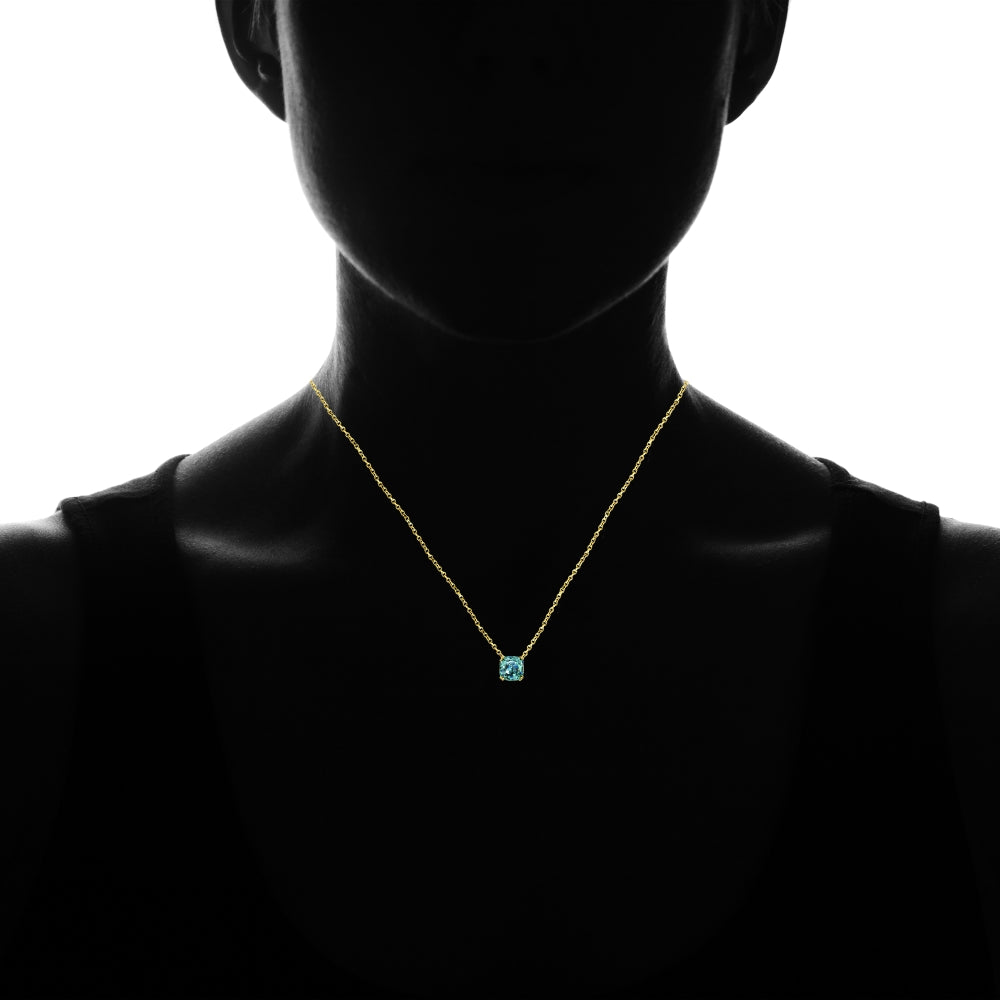 Yellow Gold Flashed Sterling Silver Blue Glitter 10mm Cushion-Cut Dainty Necklace-3