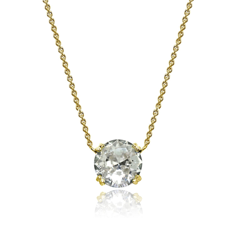 Yellow Gold Flashed Sterling Silver Clear Crystal 10mm Round Solitaire Polished Dainty Necklace