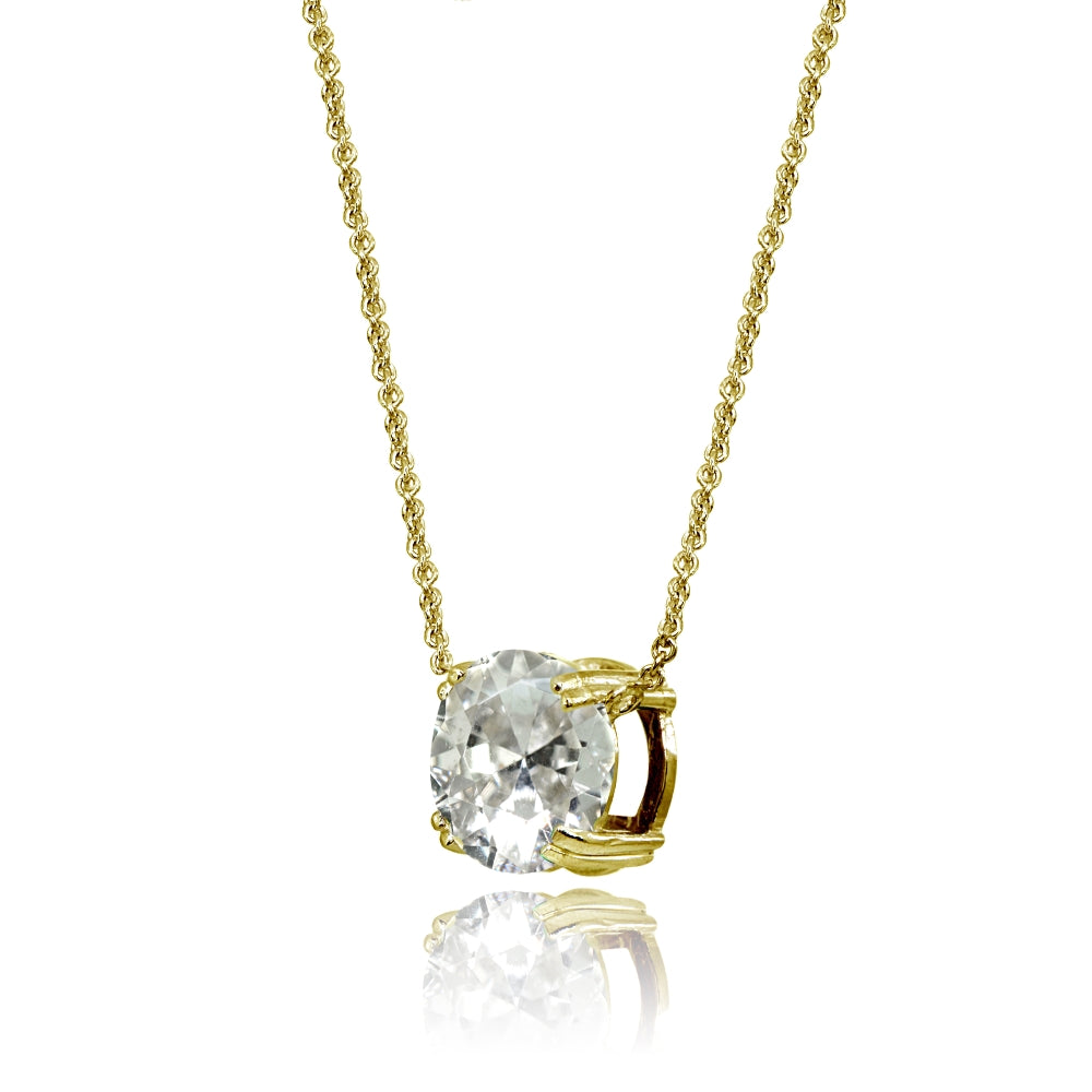 Yellow Gold Flashed Sterling Silver Clear Crystal 10mm Round Solitaire Polished Dainty Necklace-2