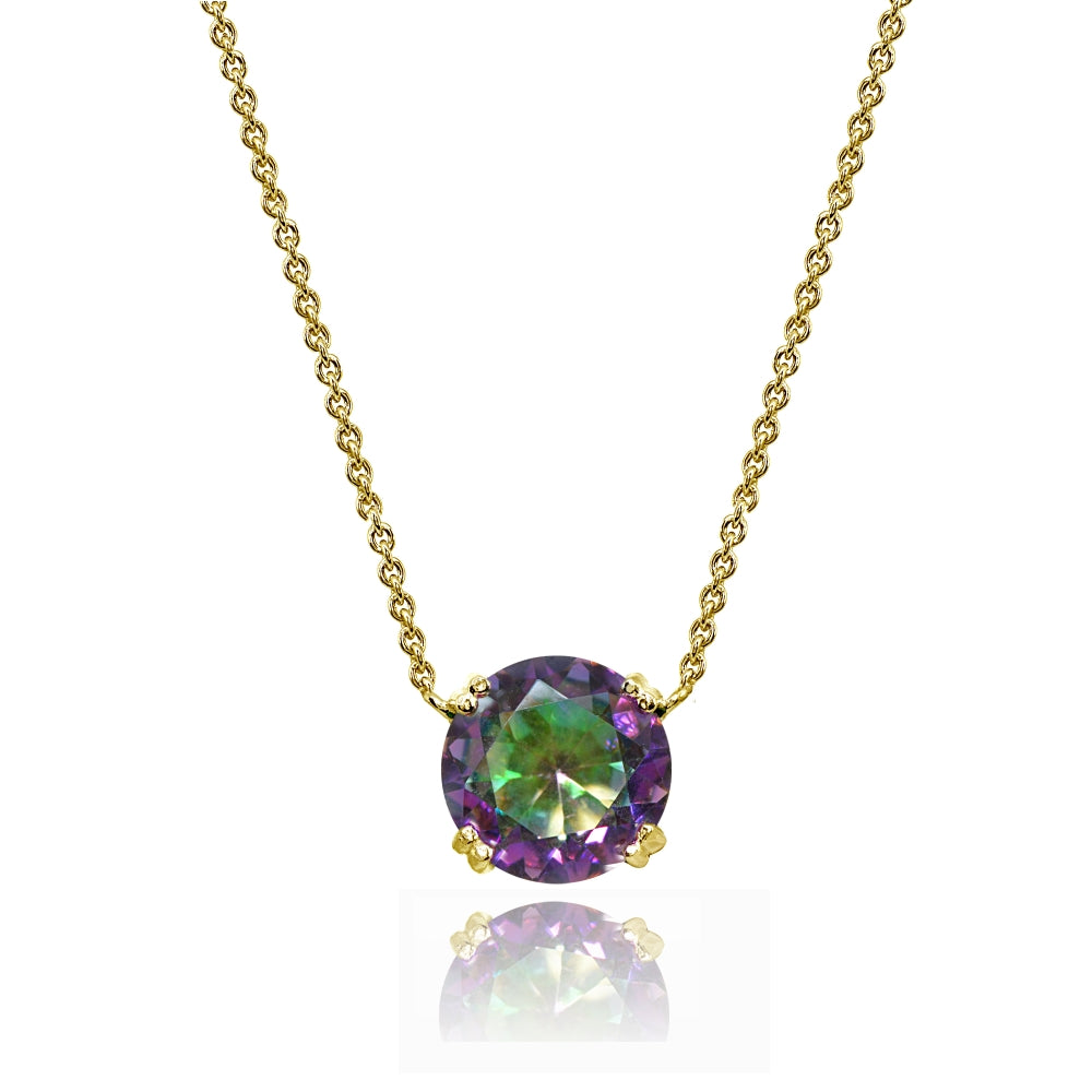 Yellow Gold Flashed Sterling Silver Created Mult Colored Topaz 10mm Round Solitaire Polished Dainty Necklace