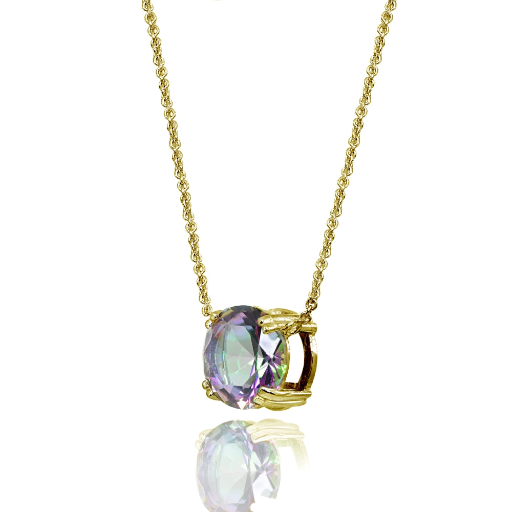 Yellow Gold Flashed Sterling Silver Created Mult Colored Topaz 10mm Round Solitaire Polished Dainty Necklace-2