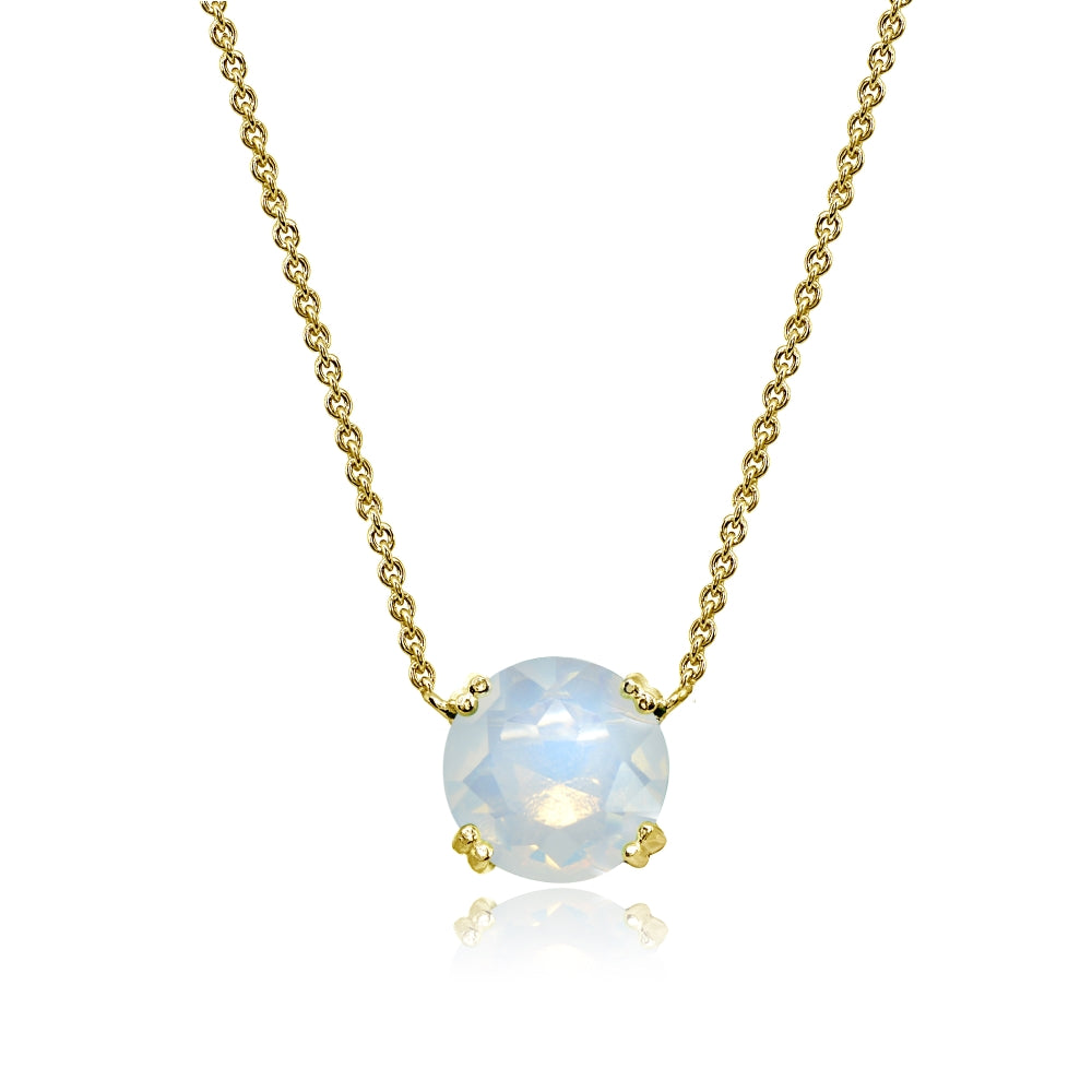 Yellow Gold Flashed Sterling Silver Created White Opal 10mm Round Solitaire Polished Dainty Necklace