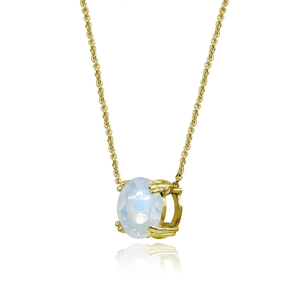 Yellow Gold Flashed Sterling Silver Created White Opal 10mm Round Solitaire Polished Dainty Necklace-2