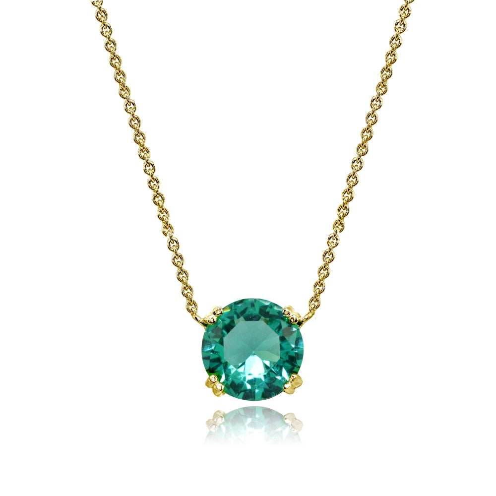 Yellow Gold Flashed Sterling Silver Teal Glass 10mm Round Solitaire Polished Dainty Necklace