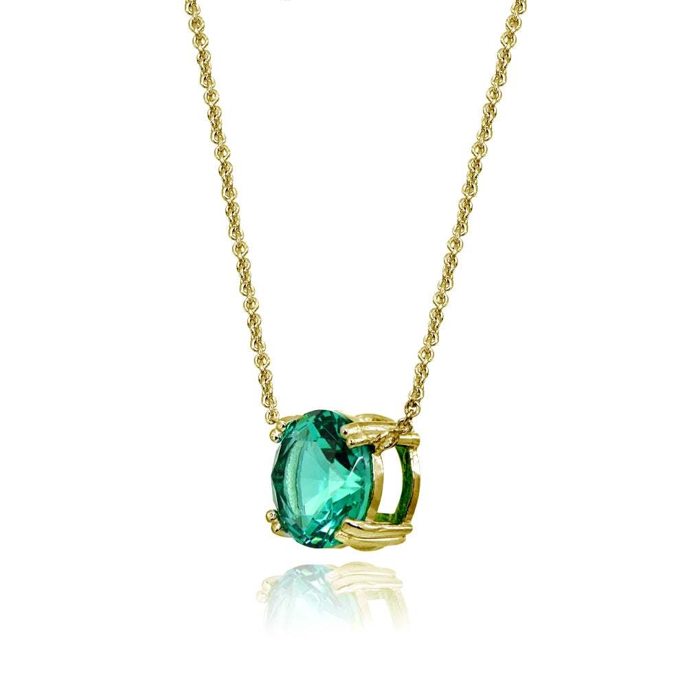 Yellow Gold Flashed Sterling Silver Teal Glass 10mm Round Solitaire Polished Dainty Necklace-2